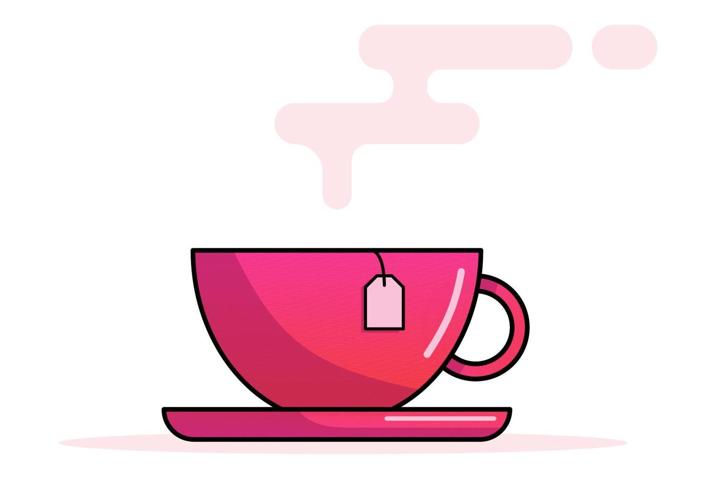 A pink cup of hot tea with saucer, steam rising above it and a teabag tag. Vector illustration. Isolated on white background