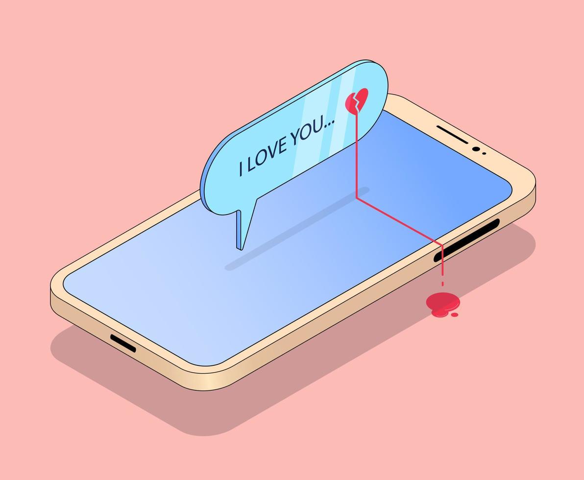 Illustration with mobile phone, message and heart emoticon. Sample text I love you vector