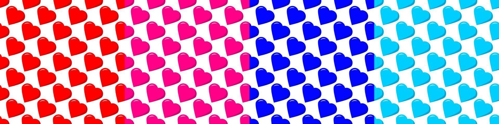 Set of seamless patterns of staggered hearts red, pink, blue color on a white background. vector