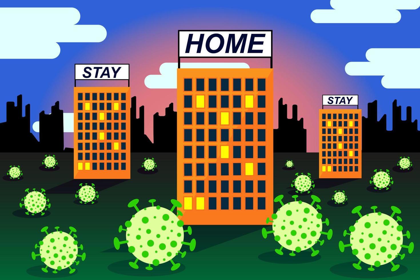 paisaje con la imagen de virus que rodean edificios de varios pisos. en los techos de los edificios hay pancartas llamando a quedarse en casa. vector