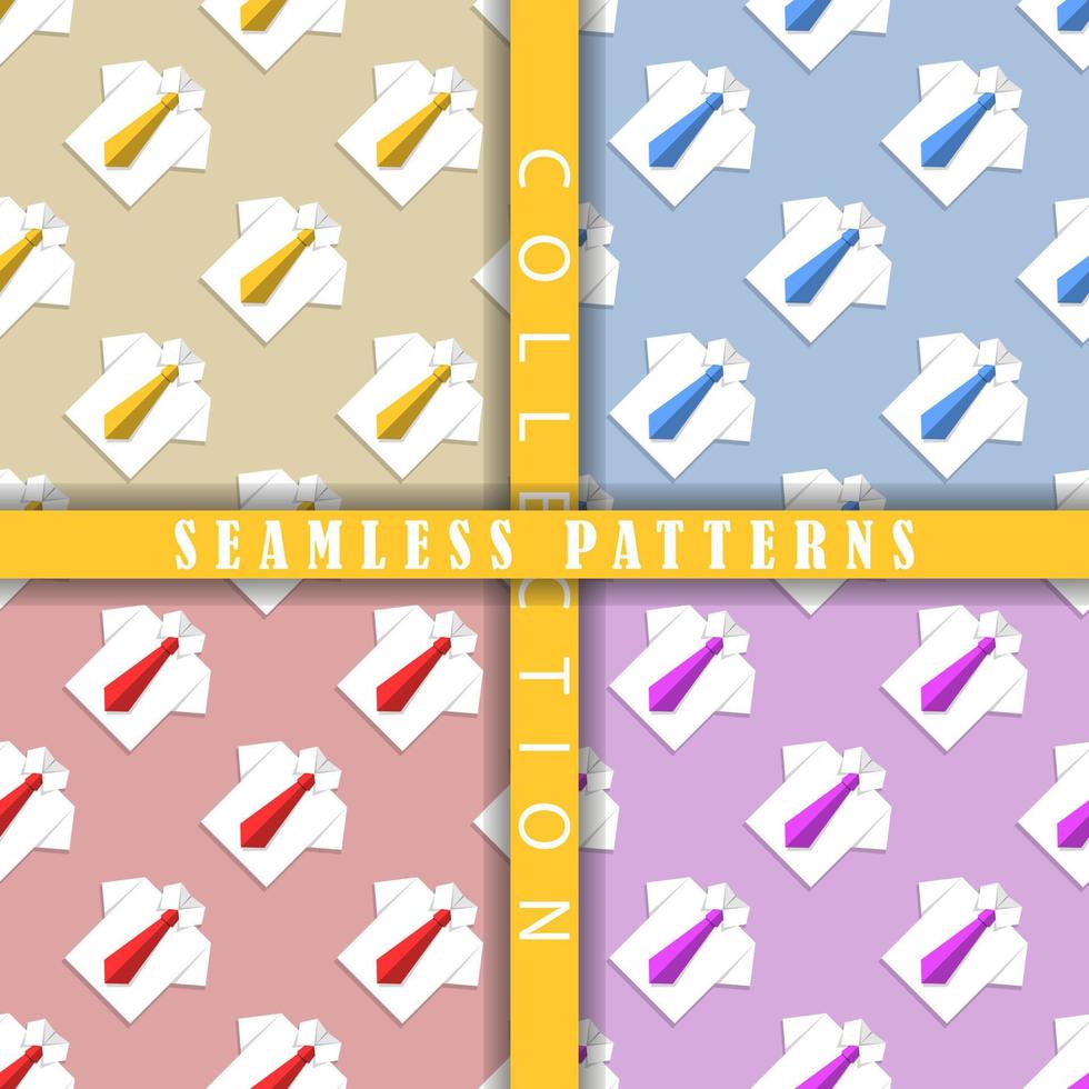 Set of seamless patterns with white office shirts and ties. Origami paper effect. Vector illustration. Business, studying concept