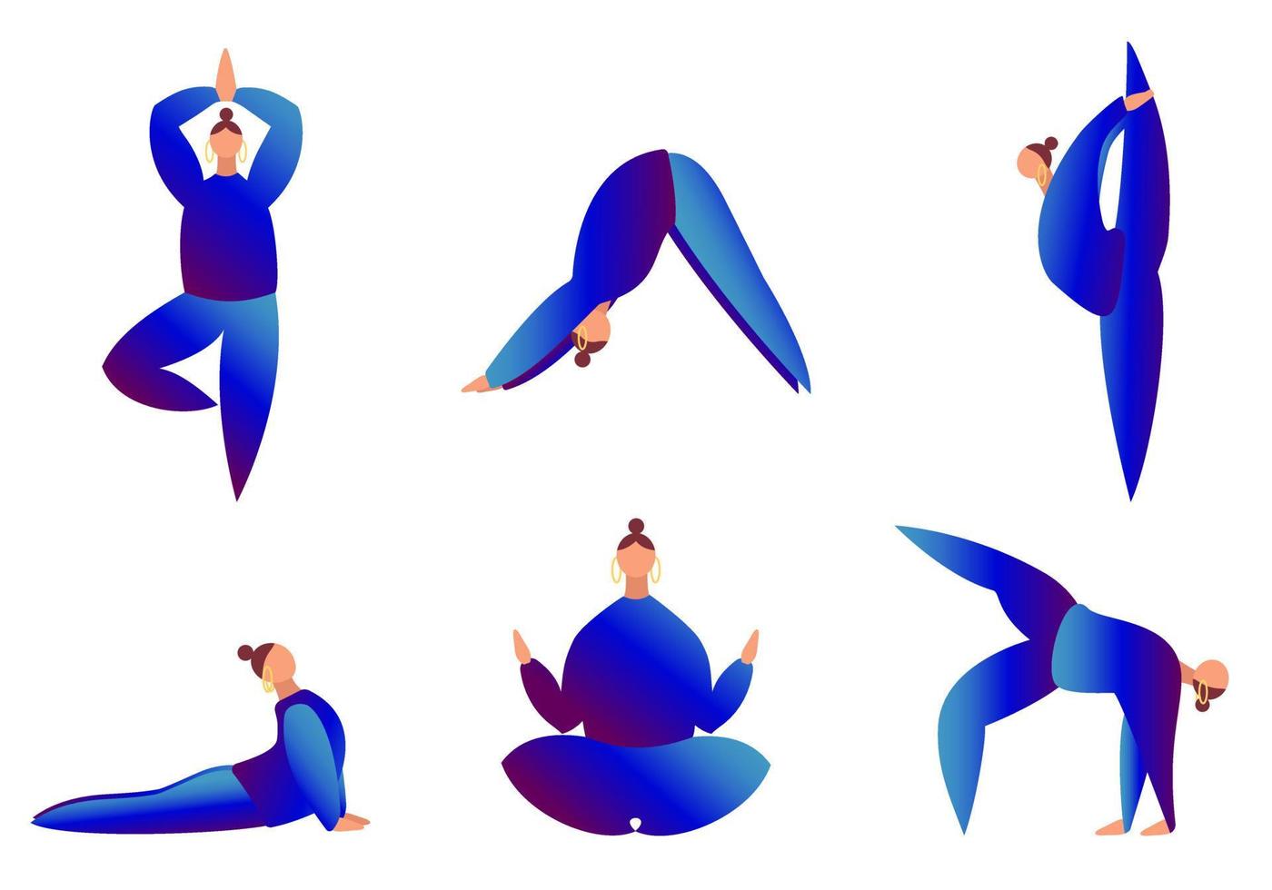 Set of women in blue clothes do yoga isolated on white. Tree, downward facing dog, cobra and other positions. Concept of balance, healthy lifestyle, sports, harmony vector