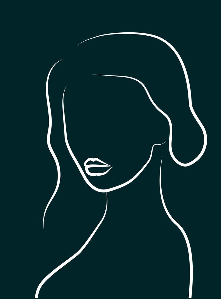 A simple silhouette of a woman with full lips. White line on green. Portrait line art minimalistic style. vector