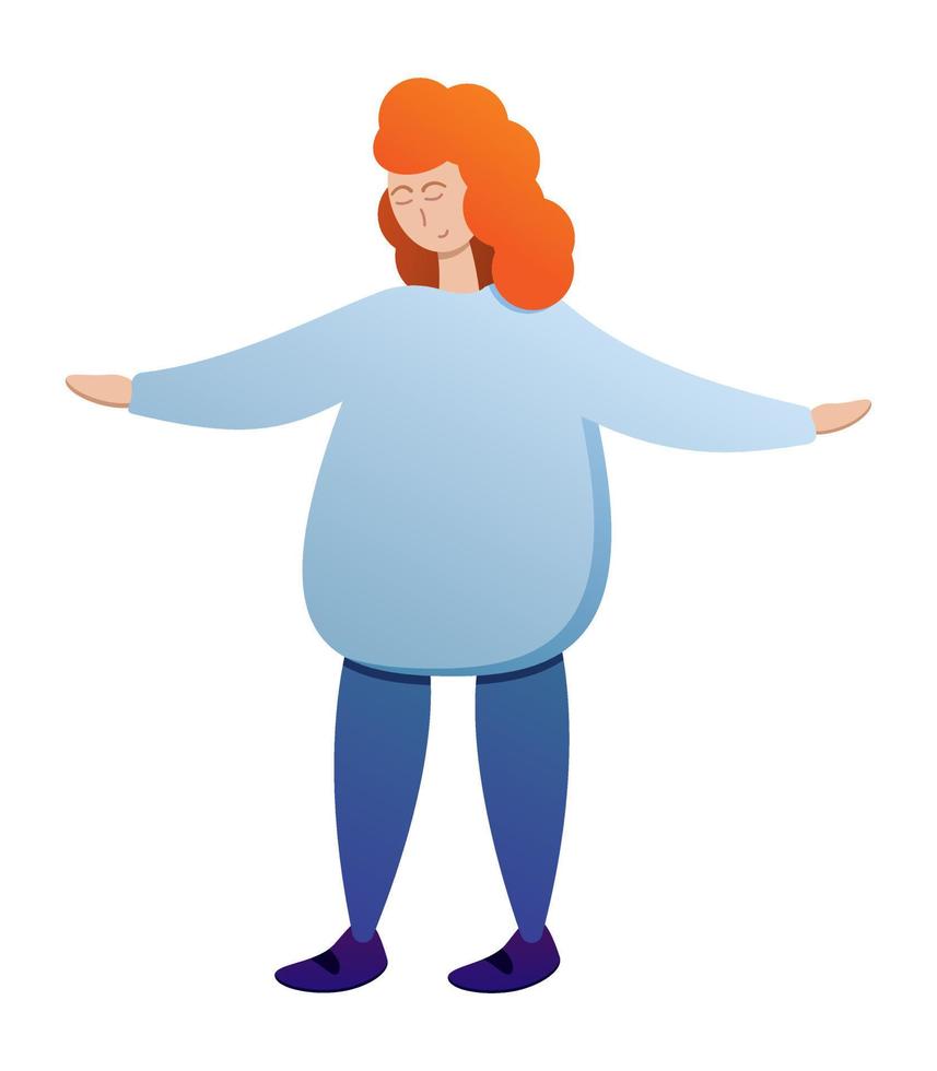 Happy woman with red hair with raised hands. Dressed in simple blue home clothes. Vector illustration
