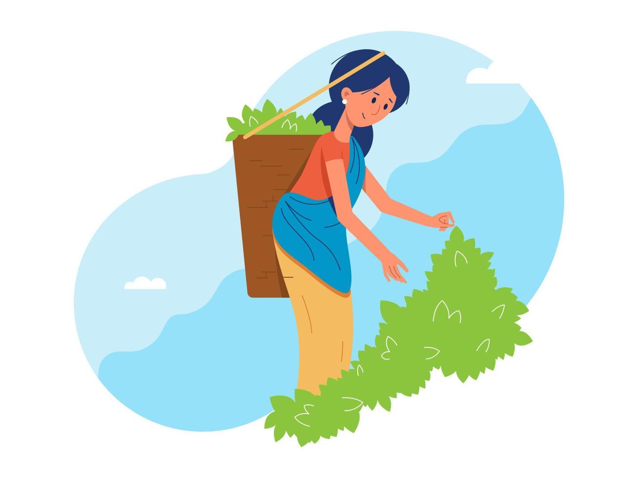 Indian girl tea picker. Vector illustration with mountains and clear sky in the background