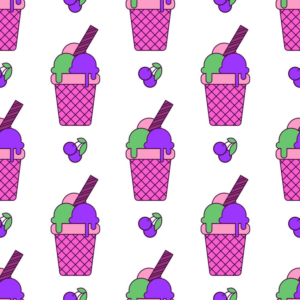 patrón impecable con bolas de helado de colores en un vaso de gofre morado y bayas sobre un fondo blanco. verde brillante, rosa, morado vector