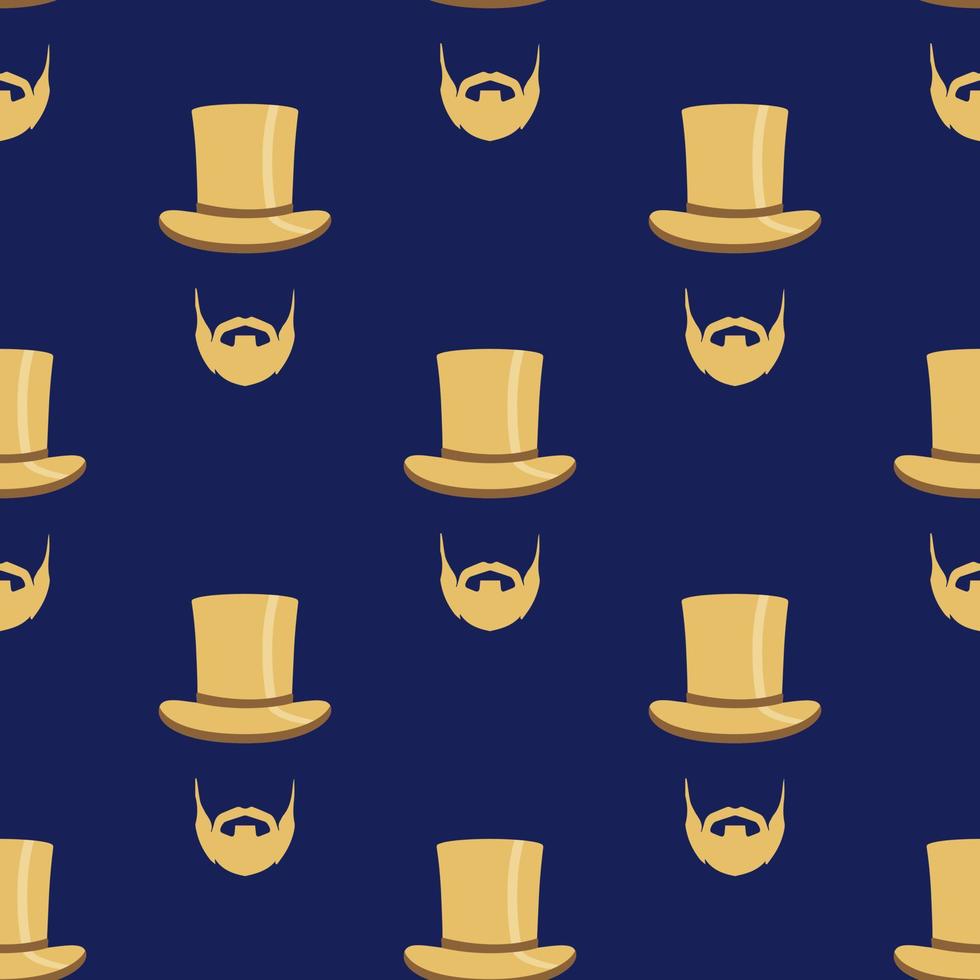 Seamless pattern with a stylish gentleman with top hat and beard. Trendy dark blue and golden colors vector