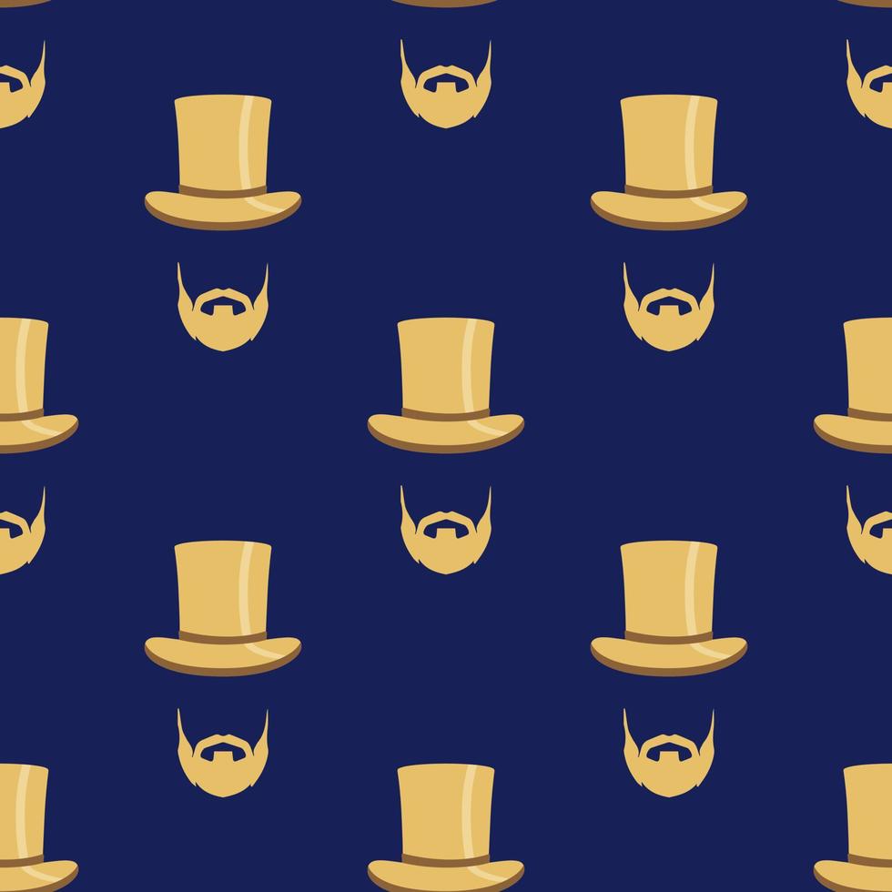 Seamless pattern with a stylish gentleman with top hat and beard. Trendy dark blue and golden colors vector