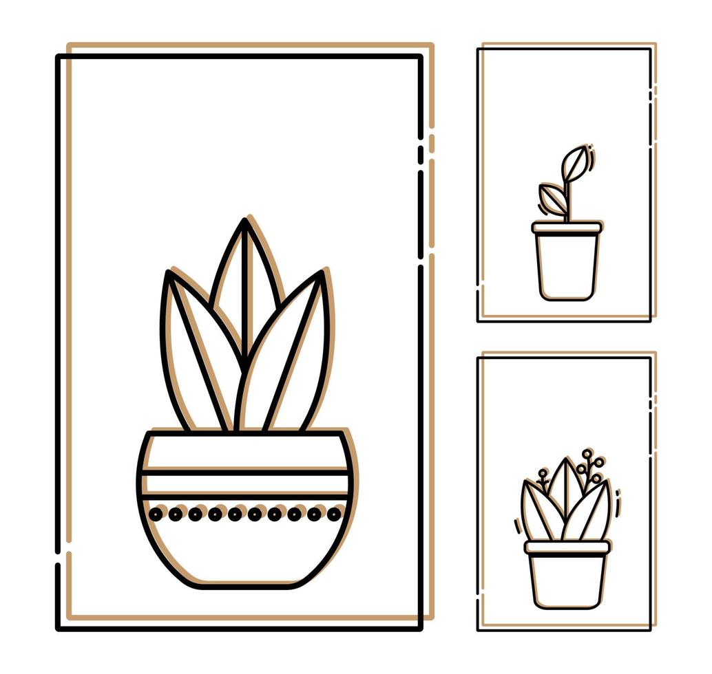 Set of two colors linear style simple icons or cards of potted plants in frames on white. Vector illustration