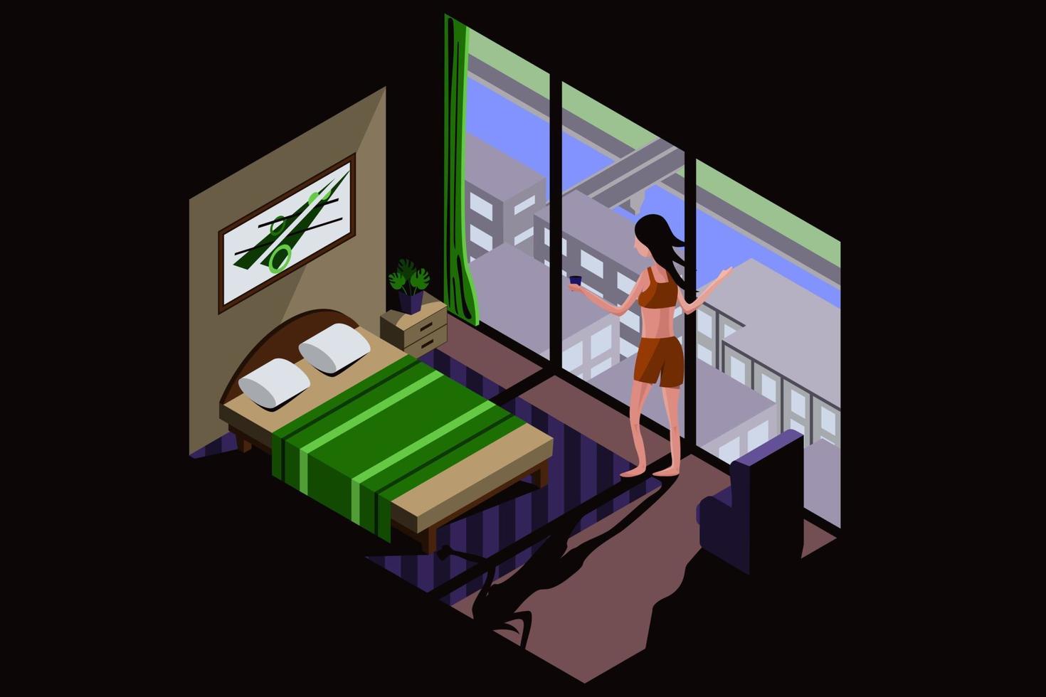 Bedroom interior in isometric style with a girl at the window. The girl holds a mug of coffee in her hands. Through the window you can see multi-storey buildings, a river, a bridge and a road vector