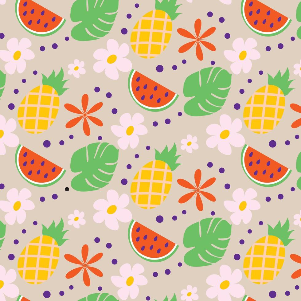 Bright seamless summer pattern in trendy colors with hand drawn summer elements. vector