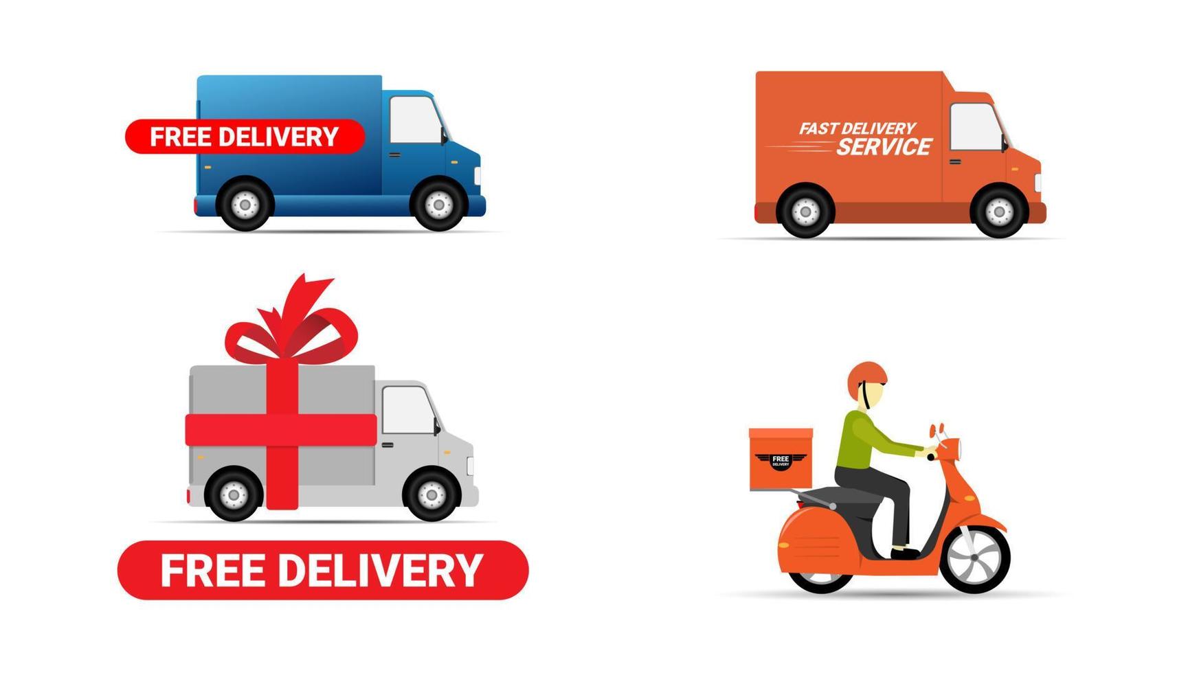 conjunto de ilustración de vector de furgoneta y scooter de entrega. servicio de entrega rapido y gratuito vehiculo, city car cargo, entrega logistica 24 horas.