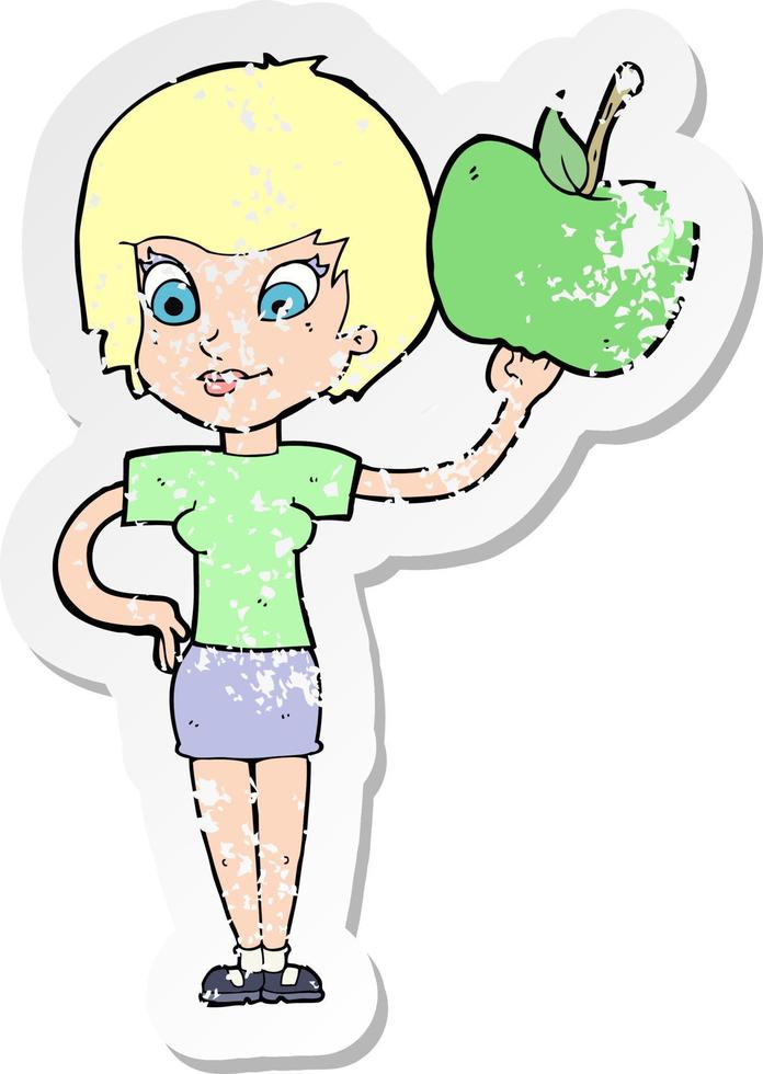 retro distressed sticker of a cartoon woman holding apple vector