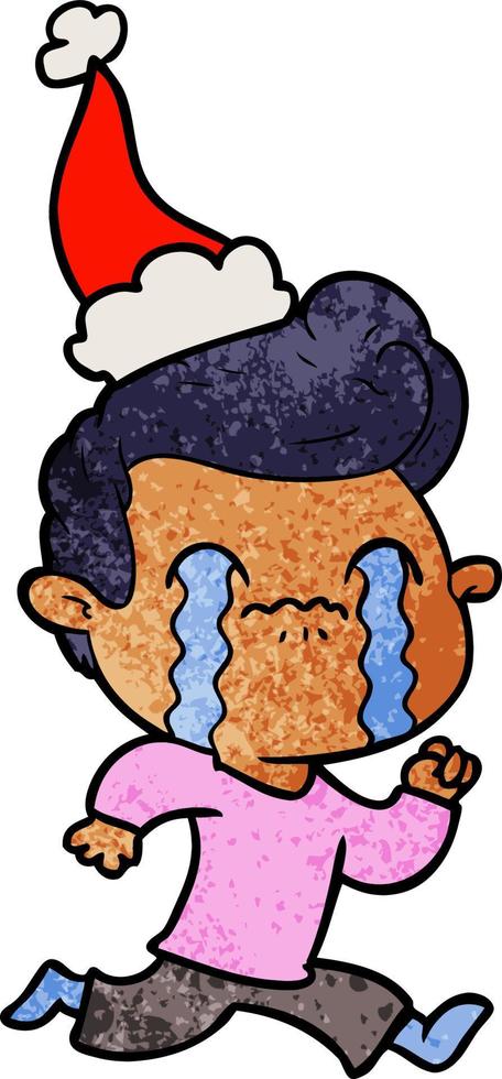 textured cartoon of a man crying wearing santa hat vector