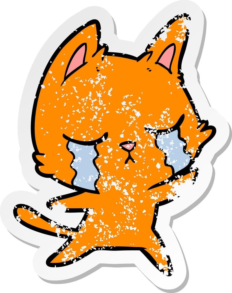 distressed sticker of a crying cartoon cat vector