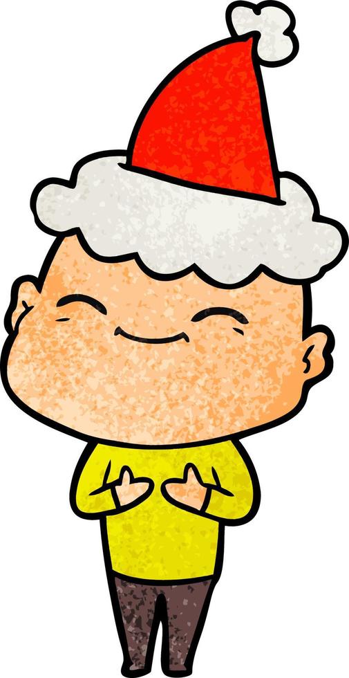happy textured cartoon of a bald man wearing santa hat vector