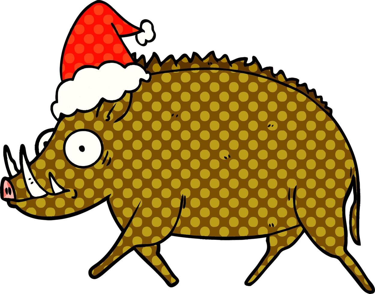 comic book style illustration of a wild boar wearing santa hat vector