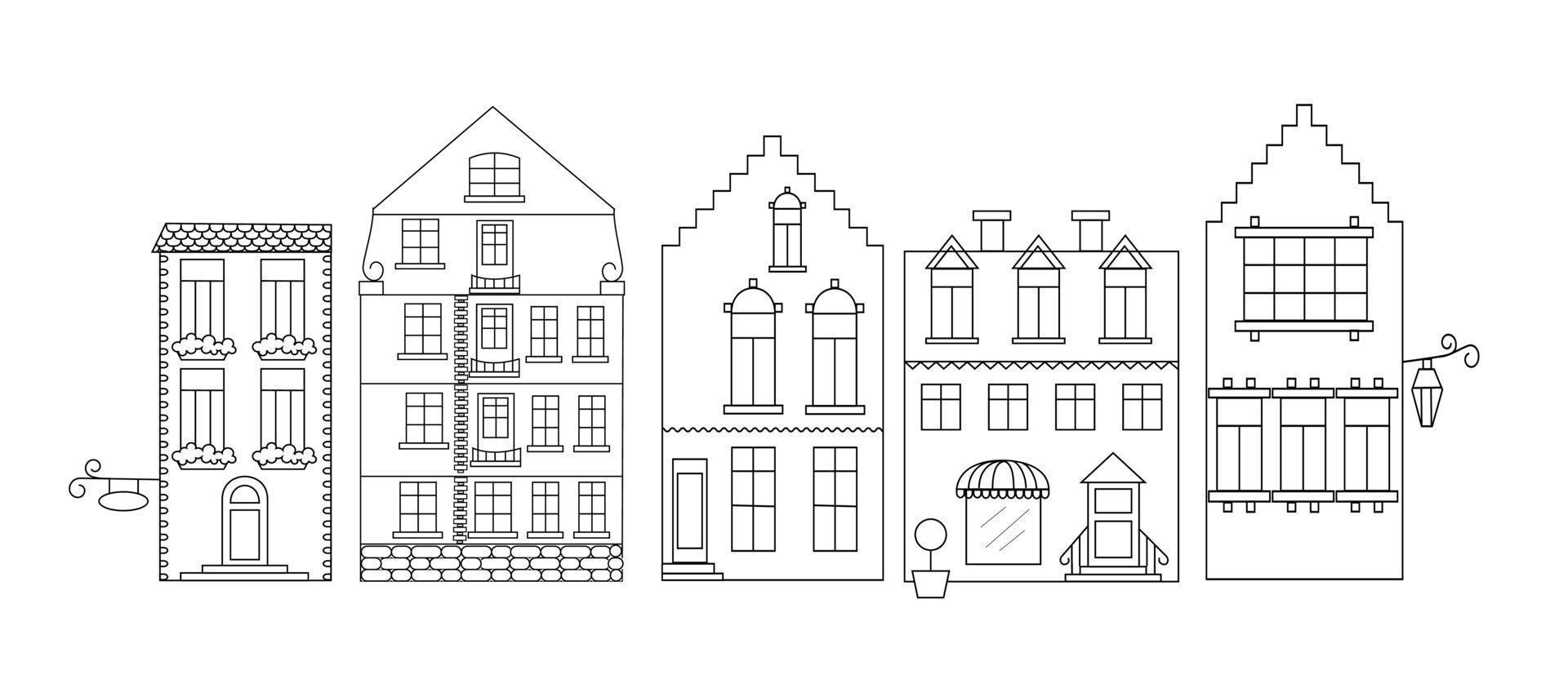 siluetas de contorno de antiguas casas europeas vector