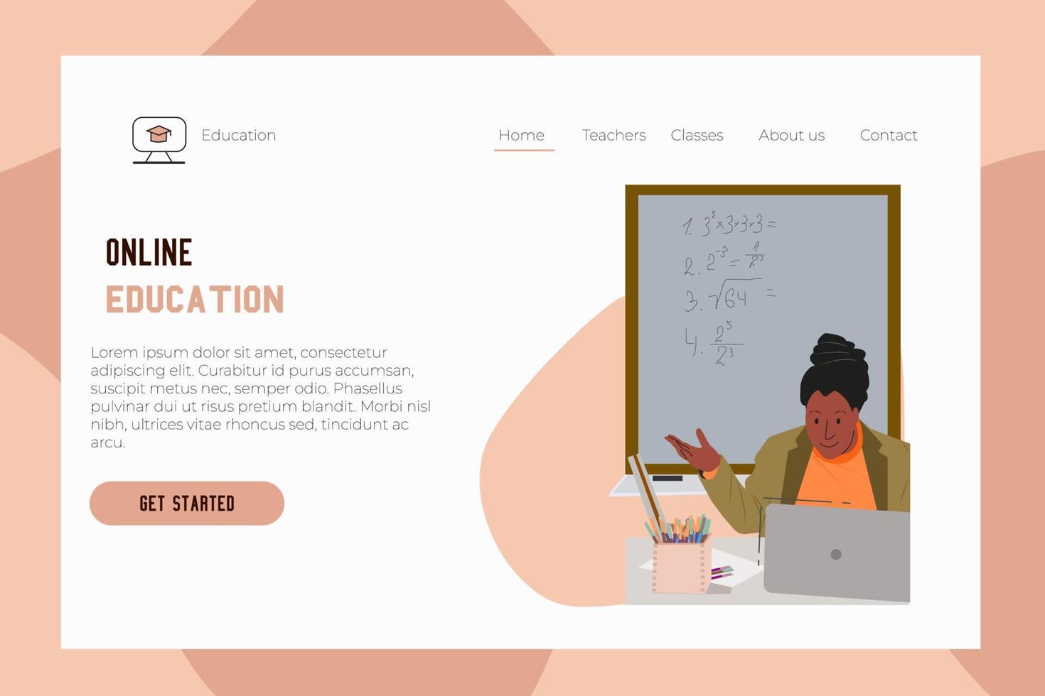 pantalla para un sitio web de una escuela en línea con una imagen de un maestro durante una lección vector