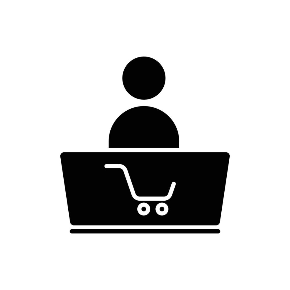 vector de icono de personas con computadora portátil y carrito de compras. tienda en línea, compras en línea, comprar. estilo de icono sólido, glifo. ilustración de diseño simple editable