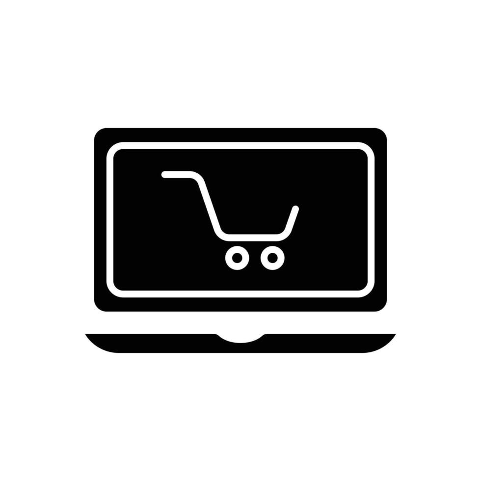 vector de icono de portátil con carrito de compras. compras en línea, comprar en línea, tienda en línea. estilo de icono sólido, glifo. ilustración de diseño simple editable