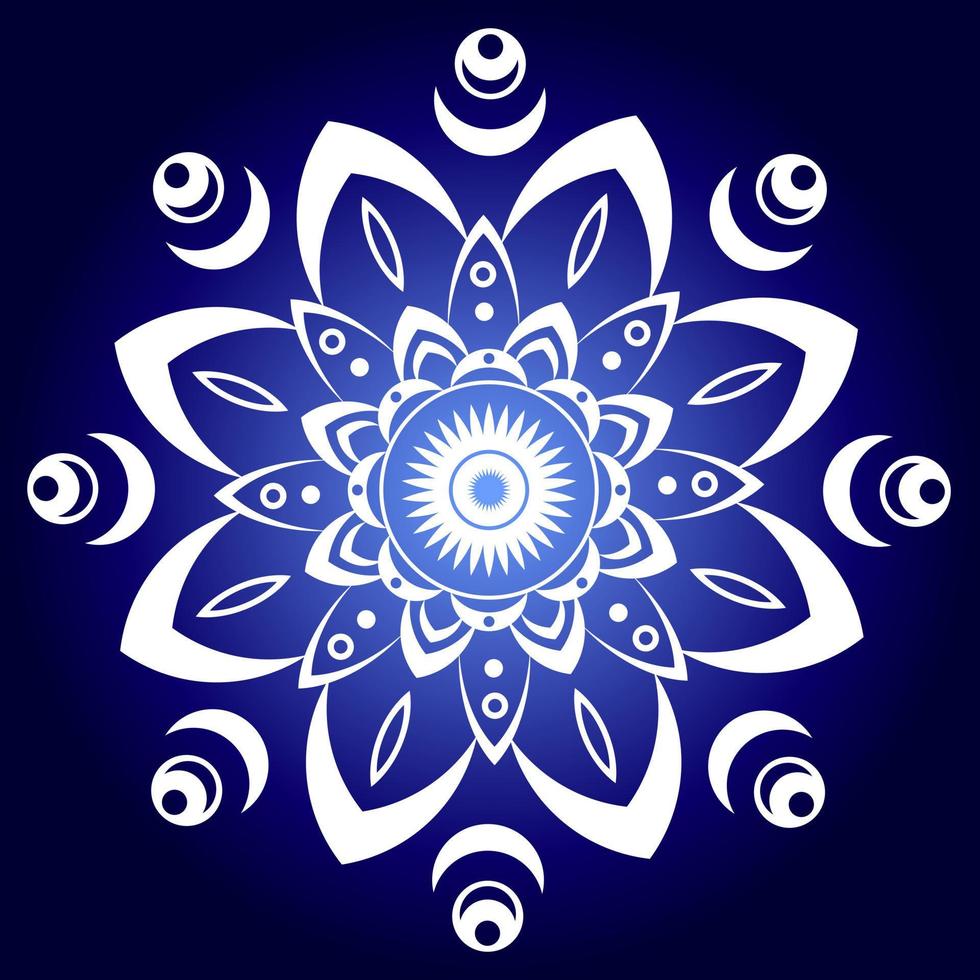 White mandala on radial gradient blue background. Round pattern. Beautiful symmetrical element. Antistress, relaxation vector