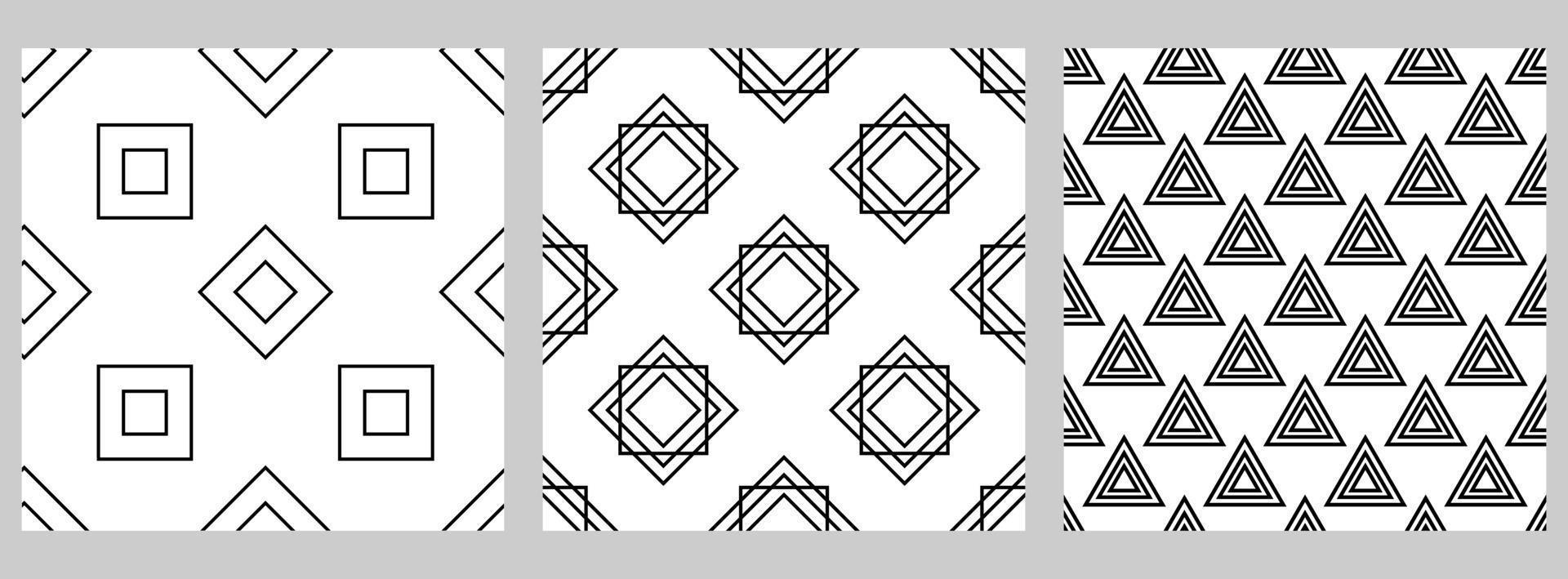 Set of geometric seamless pattern with staggered figures. Black shapes on white background. Square, rhombus, triangle. vector