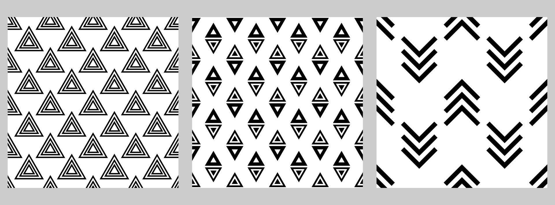 Set of geometric seamless pattern with staggered figures. Black shapes on white background. Triangles, arrows, lines, angles vector