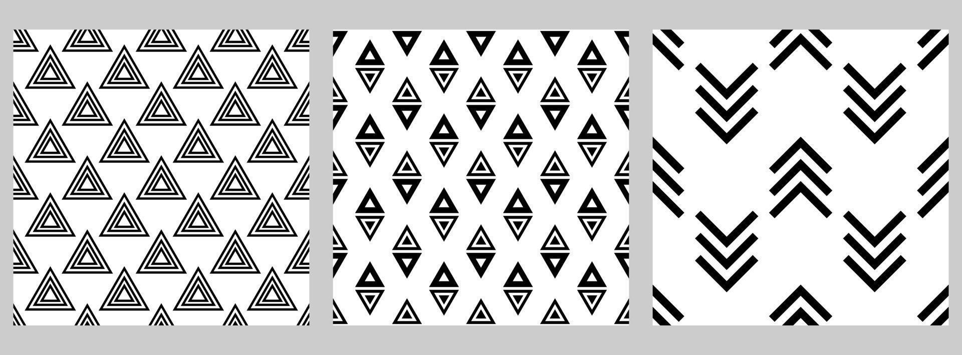 Set of geometric seamless pattern with staggered figures. Black shapes on white background. Triangles, arrows, lines, angles vector