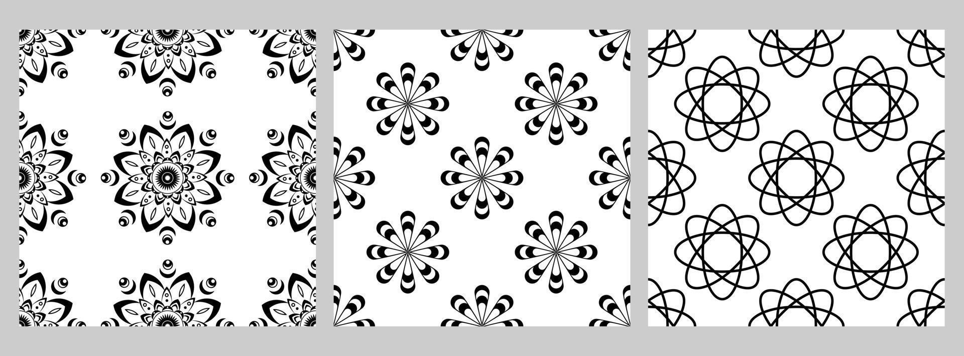Set of geometric seamless pattern with staggered figures. Black shapes on white background. Mandalas, flowers vector