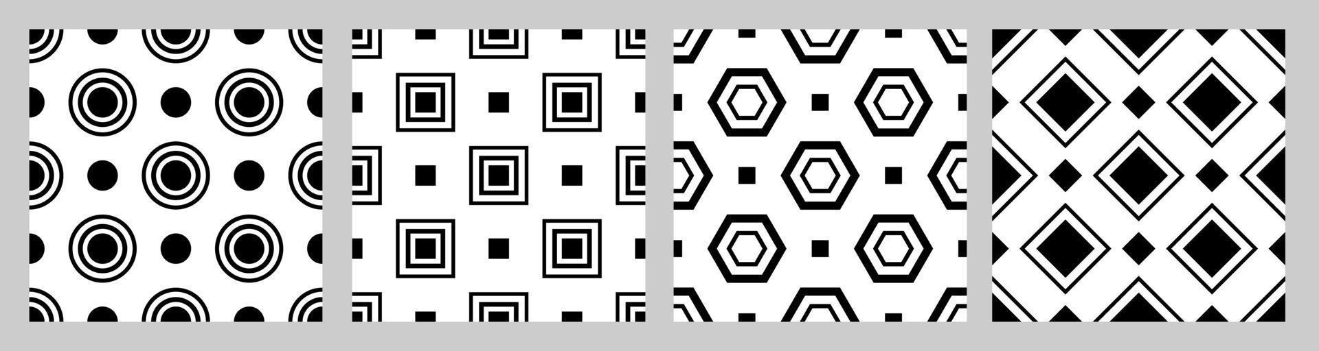 Set of geometric seamless pattern with staggered figures. Black shapes on white background. Square, circle, pentagon, rhombus vector
