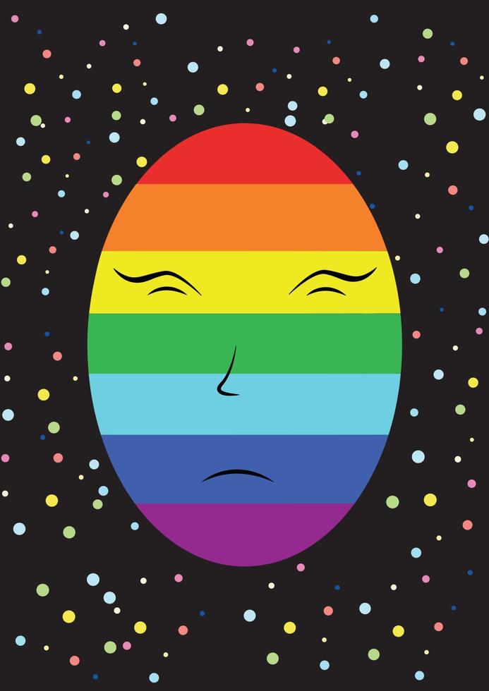 A sad rainbow-colored face against the background of space. Abstraction vector