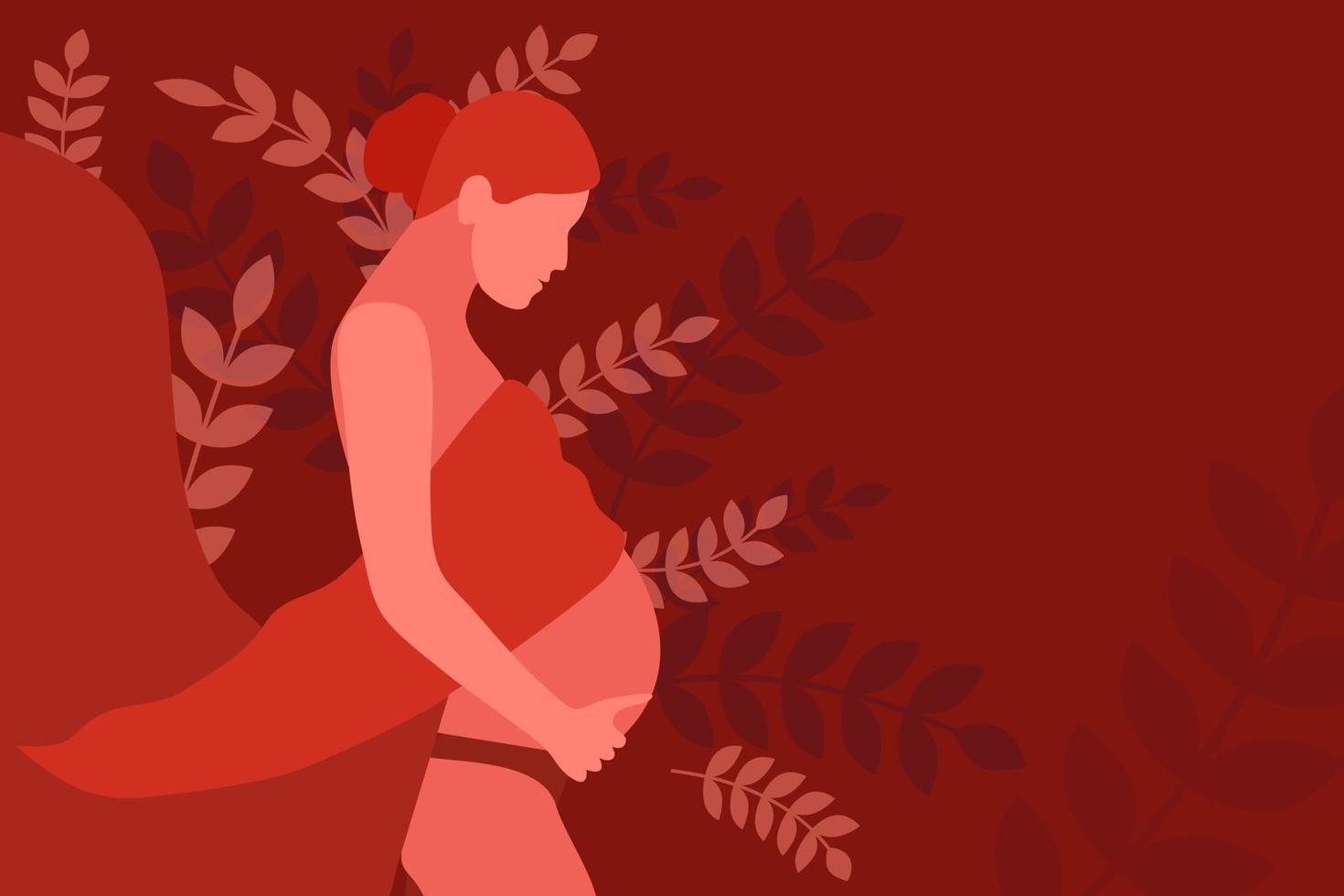 Silhouette off a pregnant woman who lovingly holds her belly on a floral background with place for your design vector