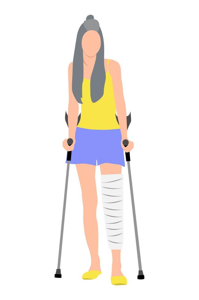 A beautiful girl with long hair in a yellow shirt and blue shorts with a cast on her leg and crutches in her hands. Disability concept, physical injury. Broken leg, trauma vector