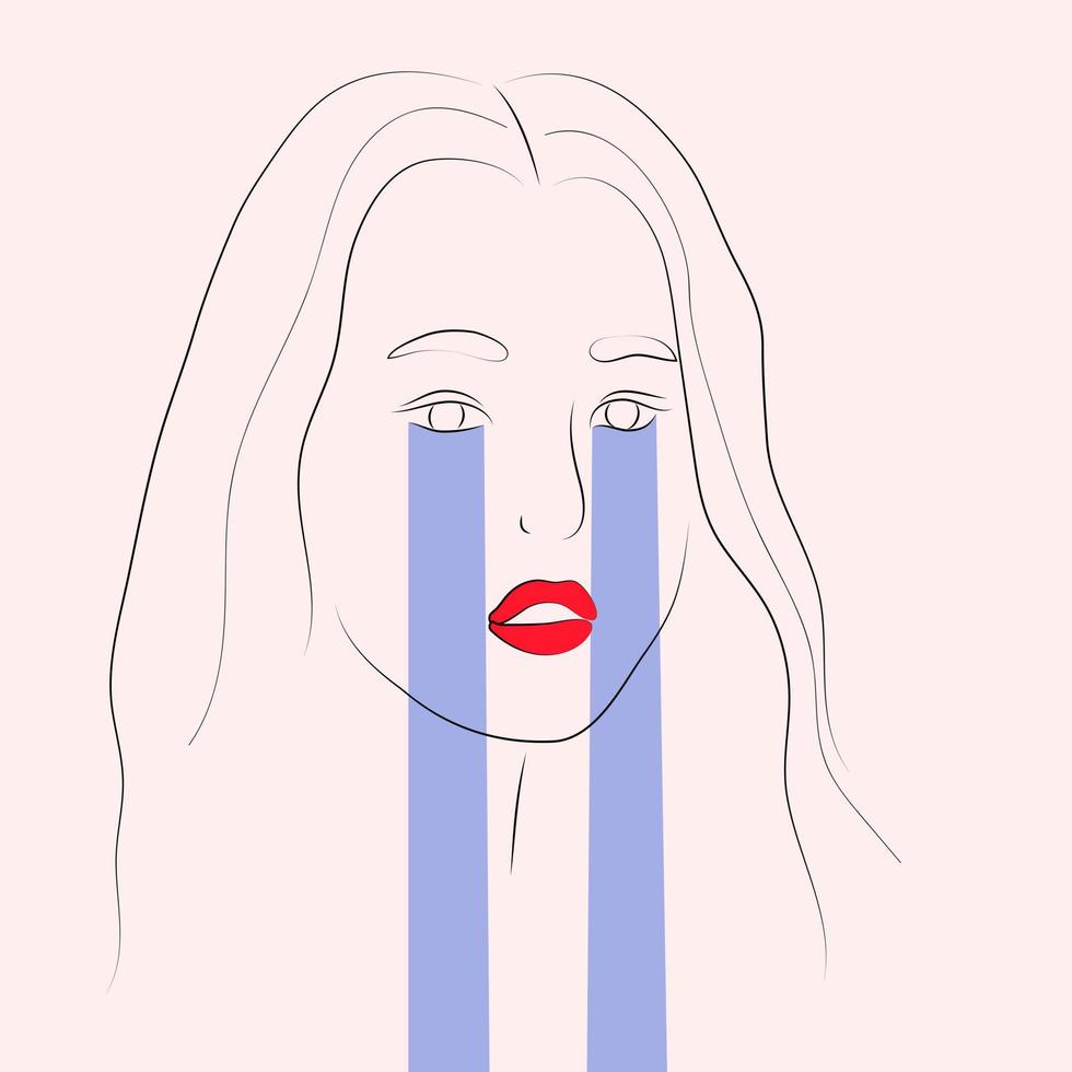 The face of a crying woman in a linear style with red lips. Simple vector illustration.