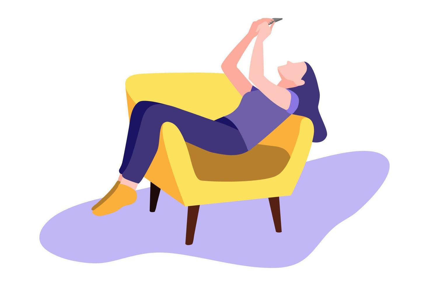 The girl sits comfortably in a chair and uses a smartphone. The concept of communication, relaxation, playing games, easy online shopping vector