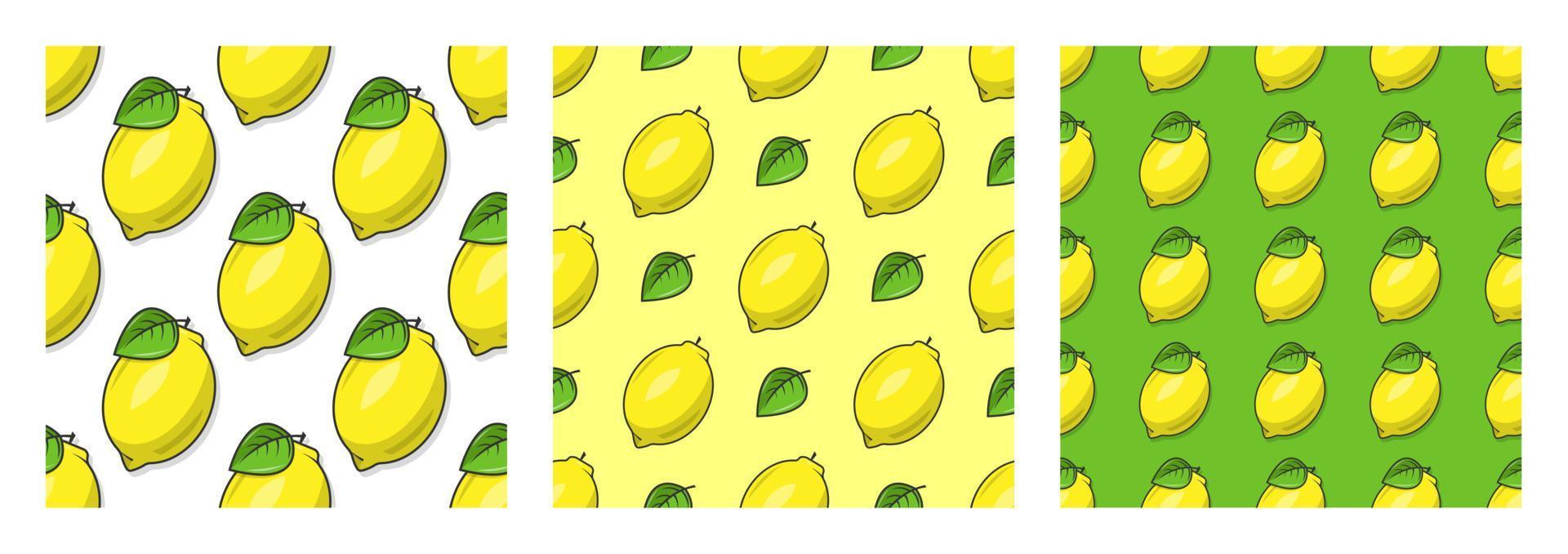 Set of seamless patterns of juicy ripe yellow lemons with leaves. Print for textiles, postcards, etc. vector