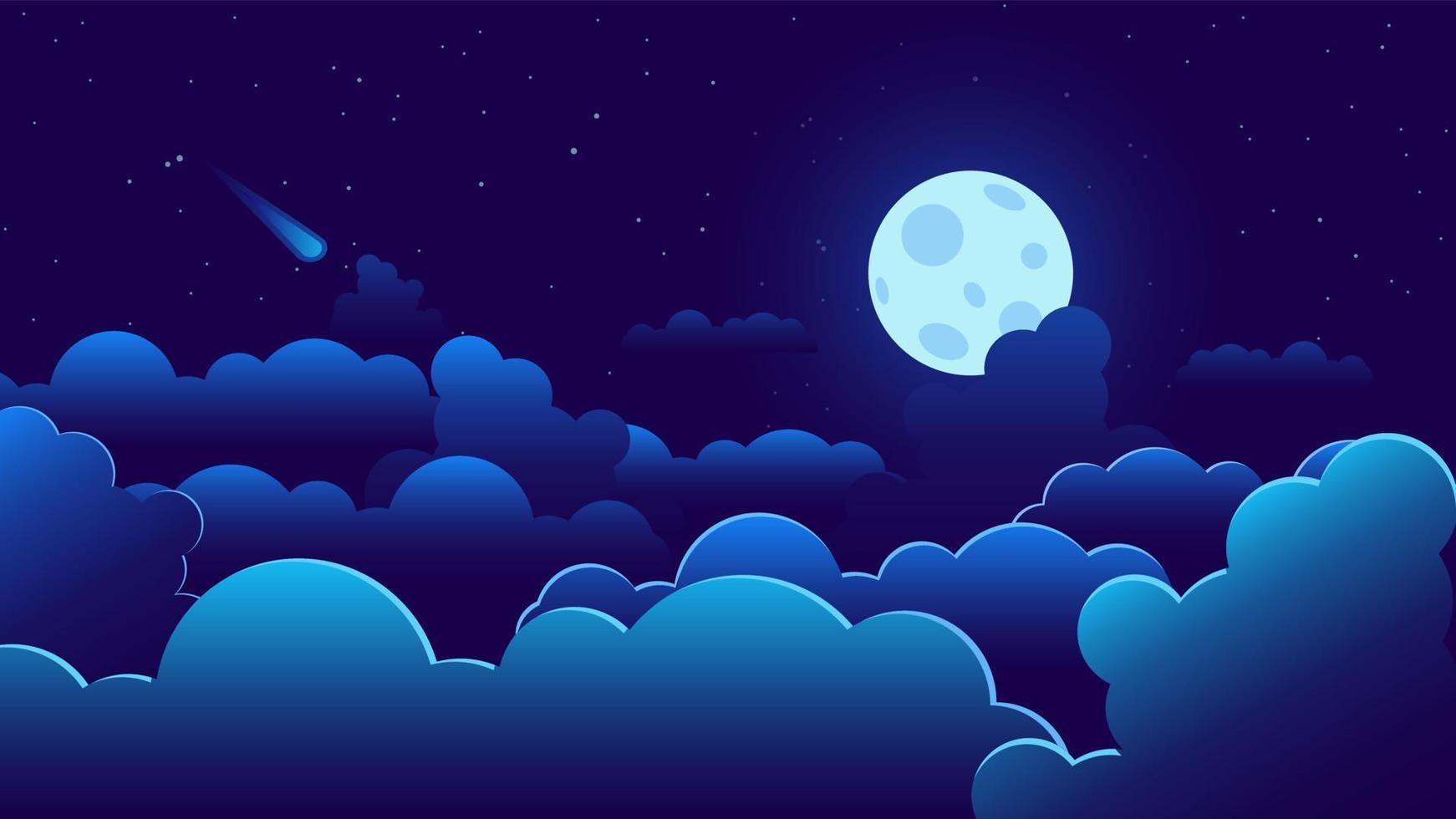 ilustración vectorial con una luna azul, nubes y un cometa. la luna está rodeada por un resplandor misterioso, que se refleja en las nubes. todo el cielo está sembrado de estrellas. vector