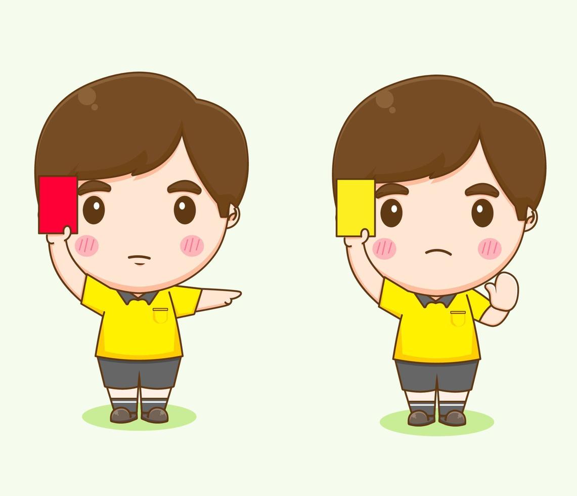 cute referee football player holding red and yellow card chibi character illustration vector