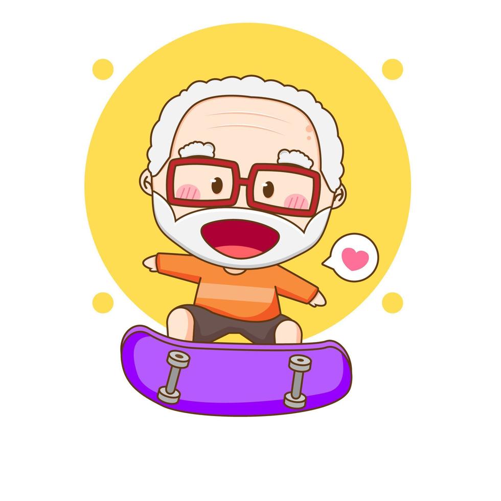 lindo anciano feliz jugando patineta. personaje de dibujos animados chibi. vector