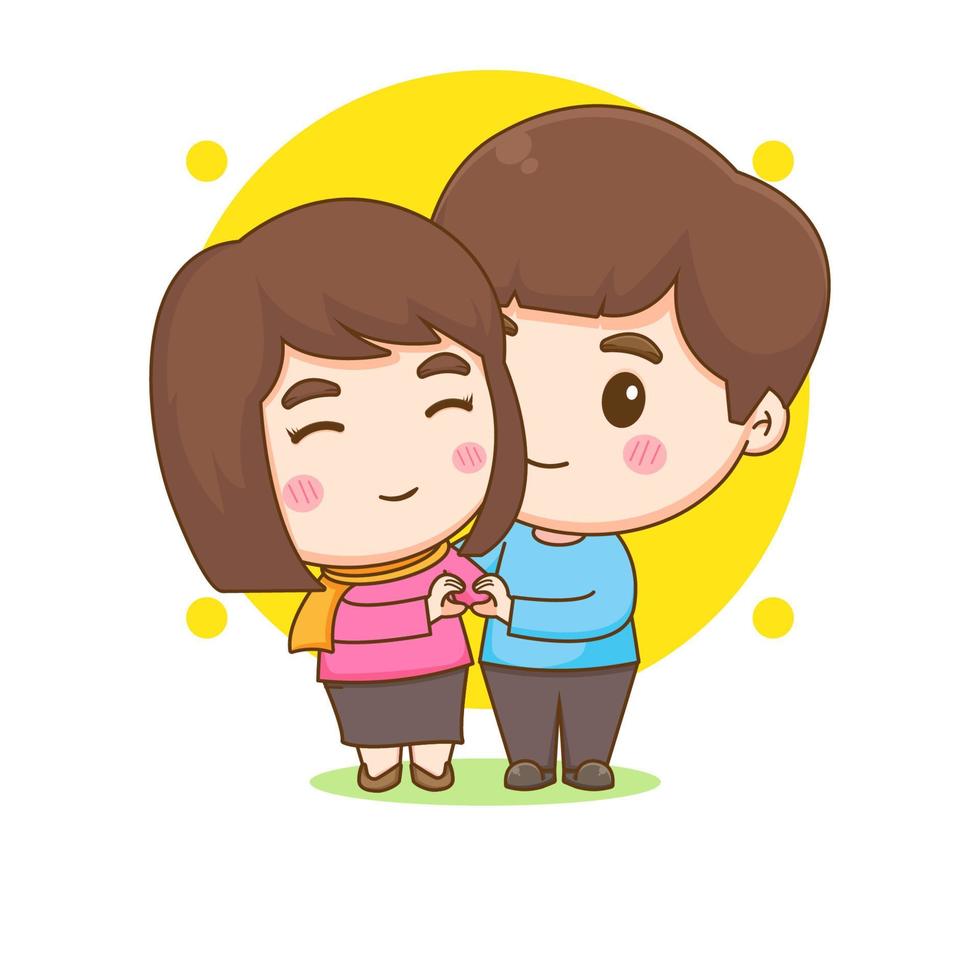 Cute couple making heart love sign. Chibi cartoon character. vector