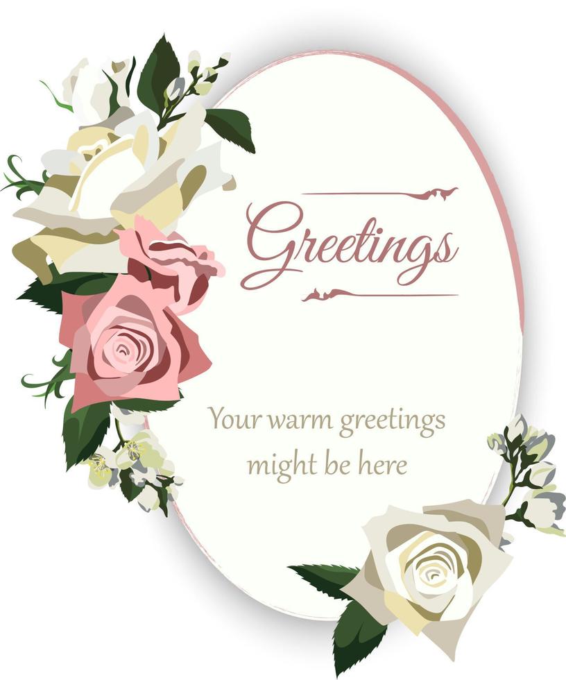 Wedding greeting floral banner with roses, jasmine and greenery, copy space included. Isolated on white background vector