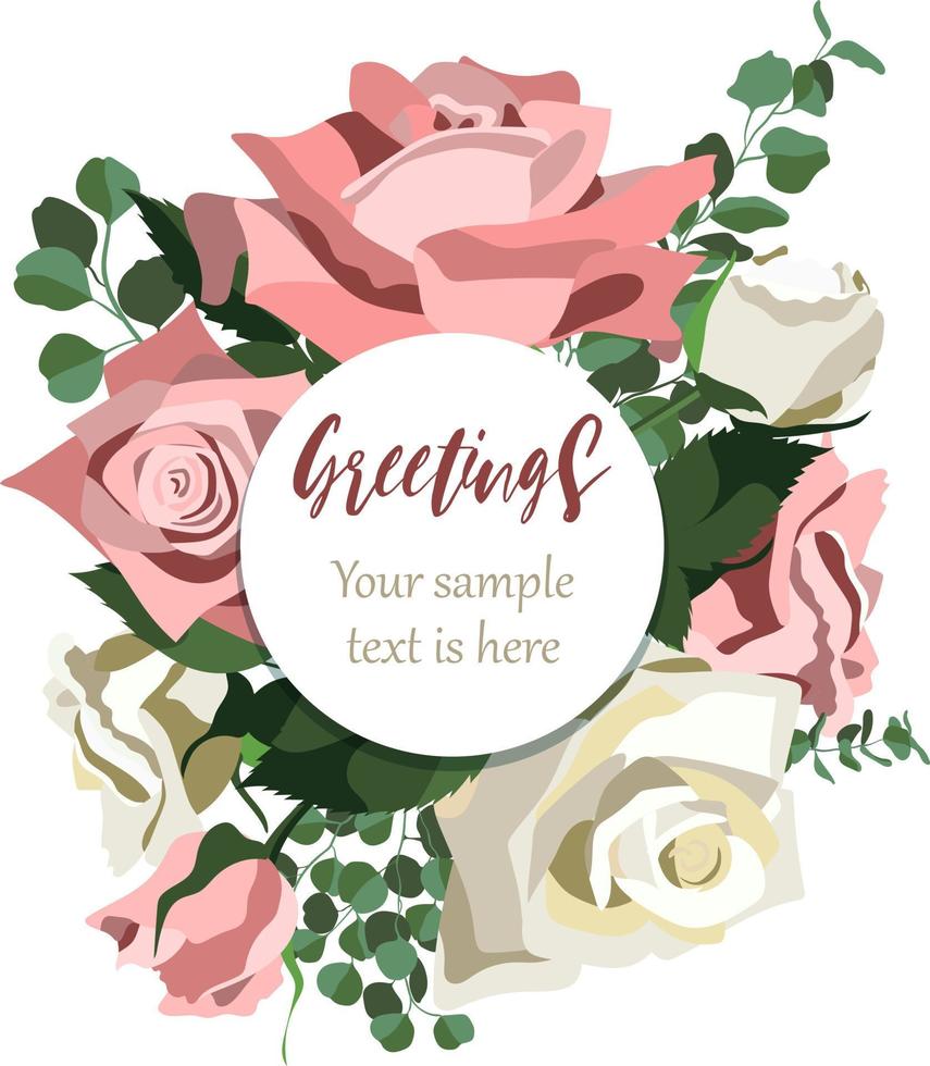 Vintage style floral background with pink and white roses, leaves and eucaliptus branches. Isolated on white background. Vector illustration