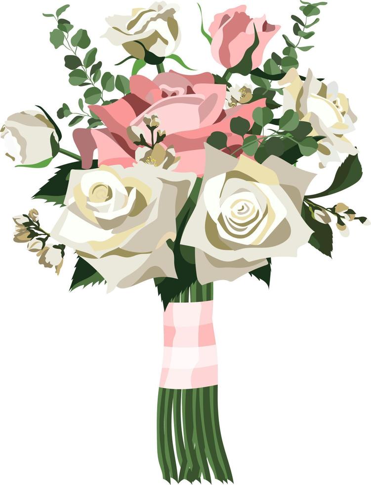 Wedding bouquet with white and pink roses, jasmine flowers and eucalyptus. Isolated on white background. Vector illustration