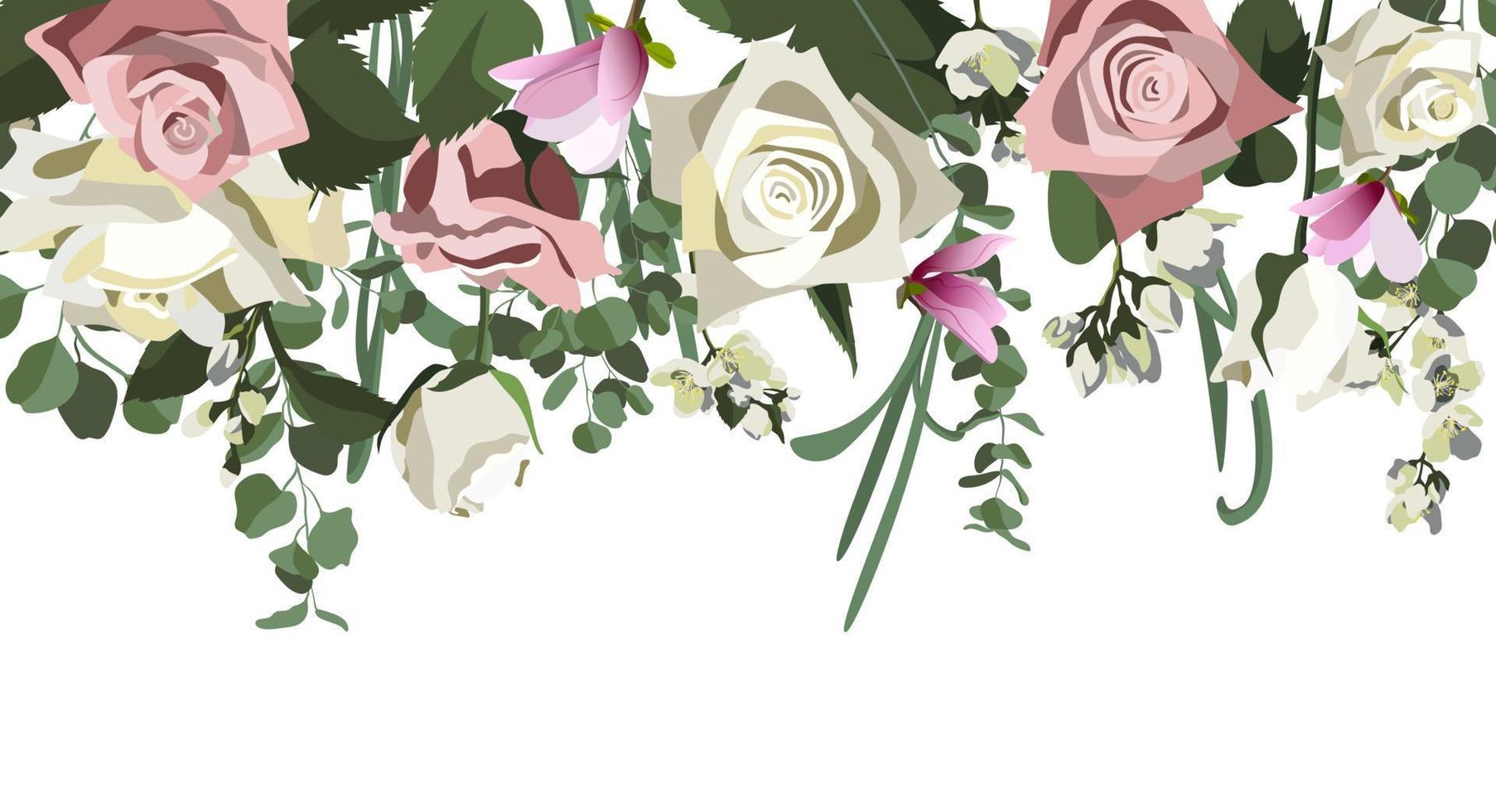 Vector background with floral arrangements. Botanic composition for wedding or greeting card. Roses, jasmine, eucalyptus. Isolated on white background