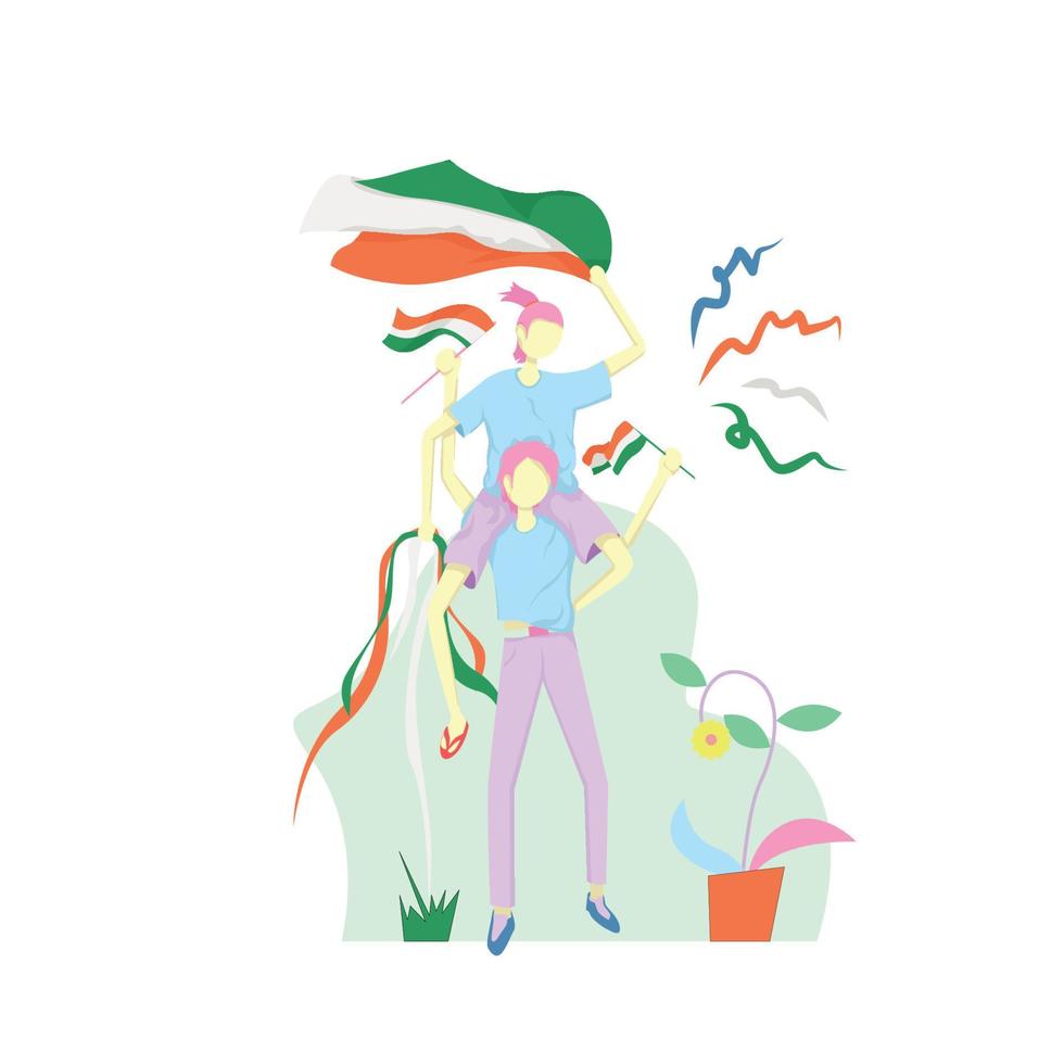 illustration of two happy men celebrating indian independence day carrying flags vector