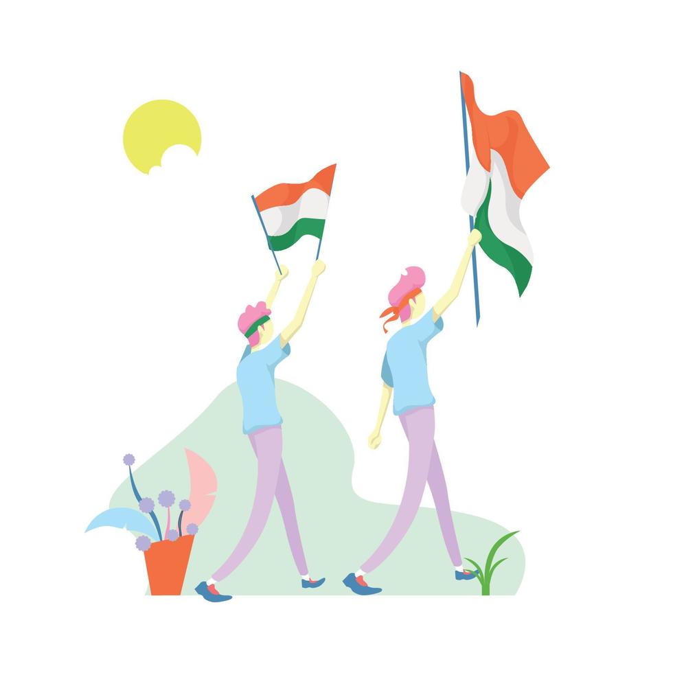 illustration of two men walking together celebrating indian independence day carrying flags vector