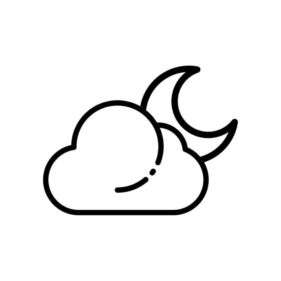 icono meteorológico simple con media luna o media luna menguante con nubes. símbolo de noche nublada en estilo de arte lineal. ilustración de vector plano lineal aislado sobre fondo blanco