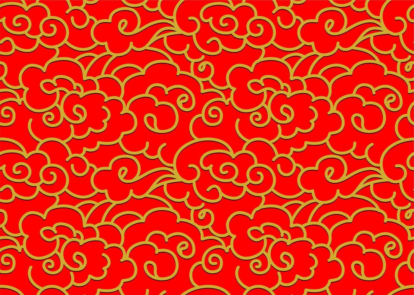 golden Chinese Clouds Sky Vector Seamless Pattern. isolated on red background