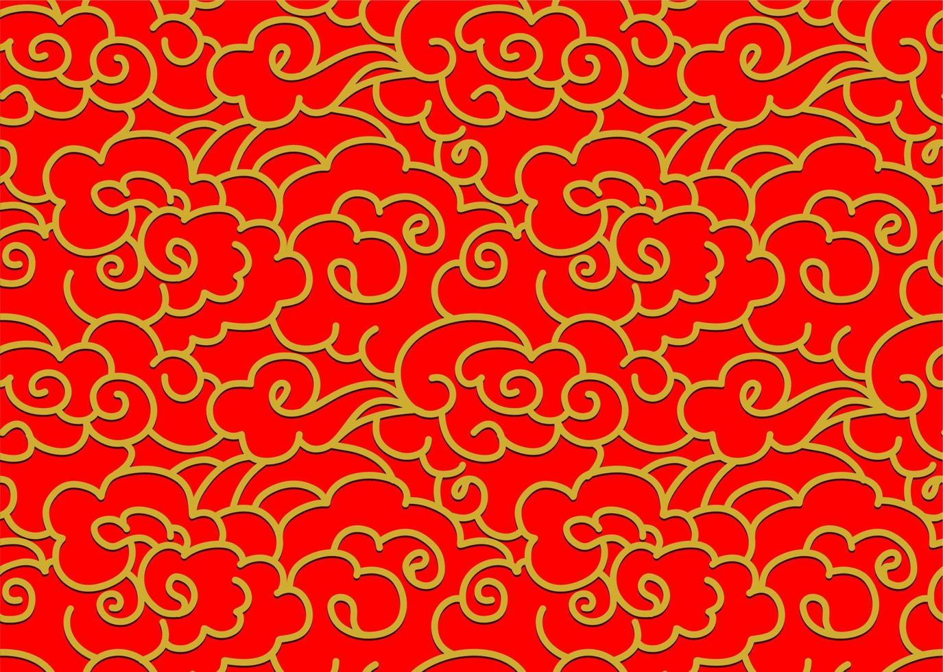 golden Chinese Clouds Sky Vector Seamless Pattern. isolated on red background